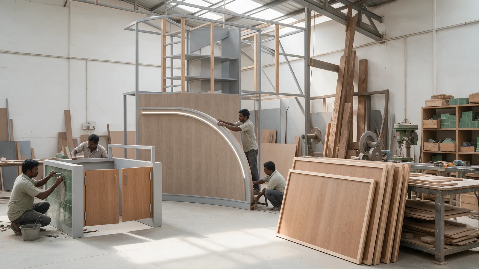 Craftsmen tiling a counter front, building counter partitions and assembling a curved lit wall panel in a workshop
